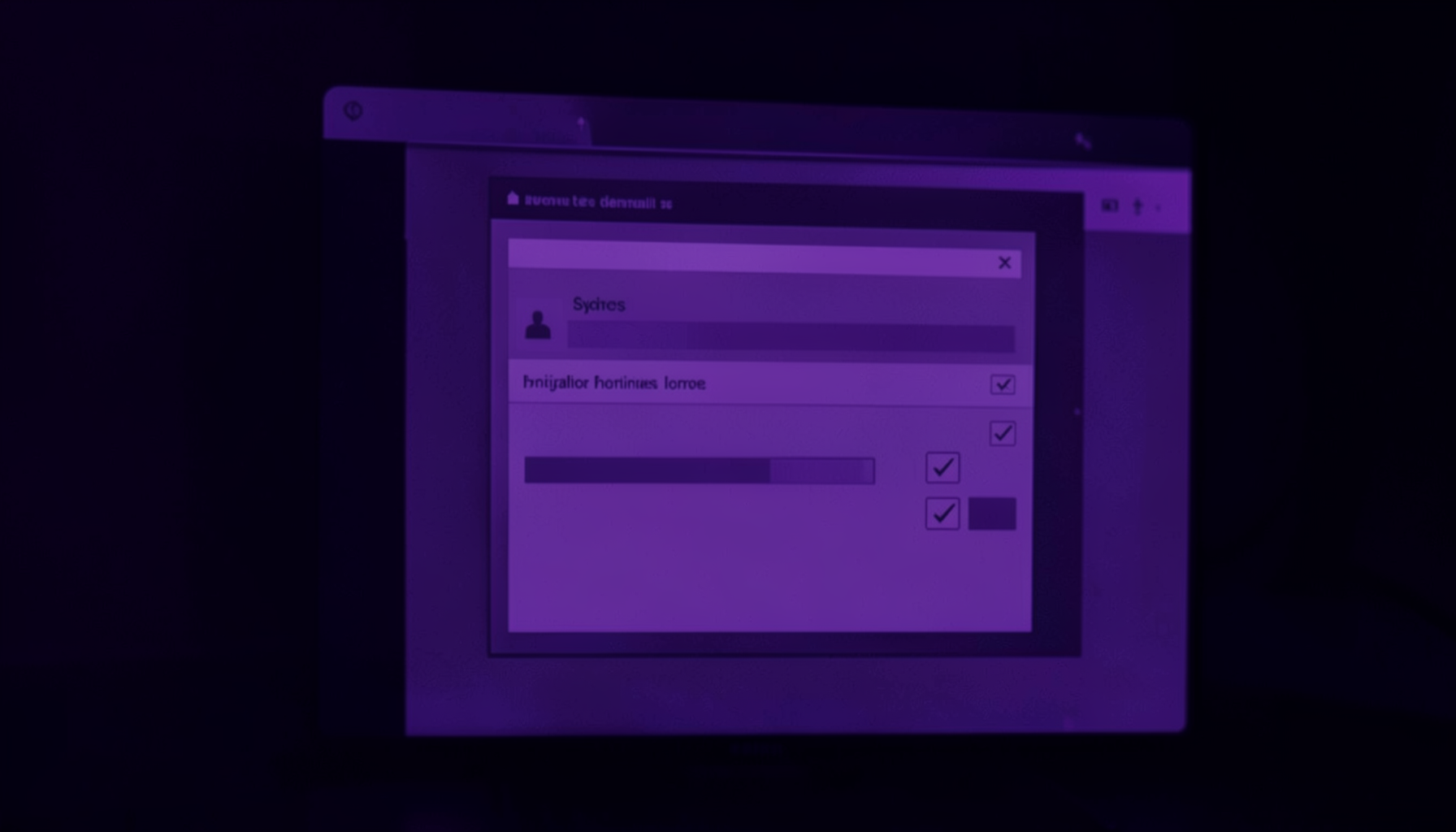 A dark violet duotone photograph of a software installation wizard window on a computer screen, with progress bars and configuration options visible