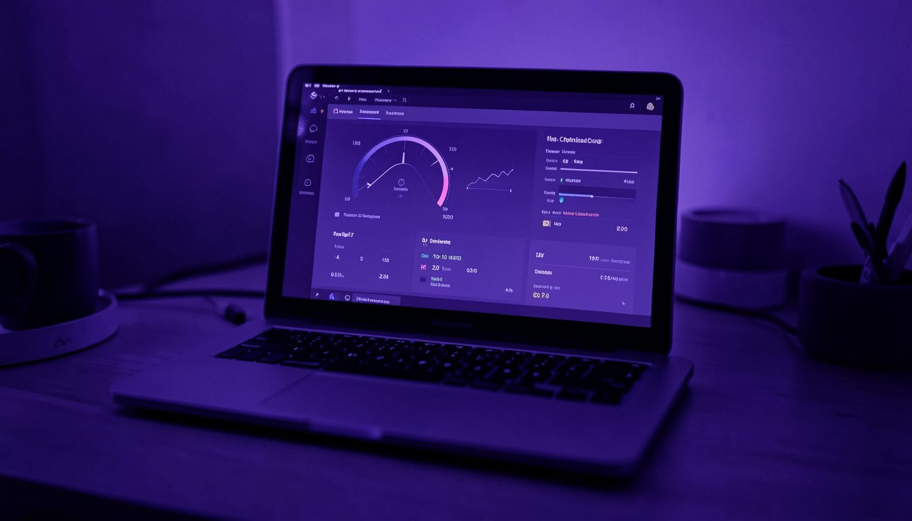 A deep indigo duotone photograph of a laptop displaying a system optimization dashboard with gauges and clean-up stats, moody and technical in feel