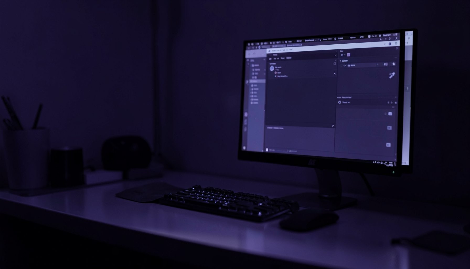 A dark violet and indigo duotone photograph of a modern desktop workspace with a glowing monitor displaying software interface elements, casting subtle reflections across the desk surface.