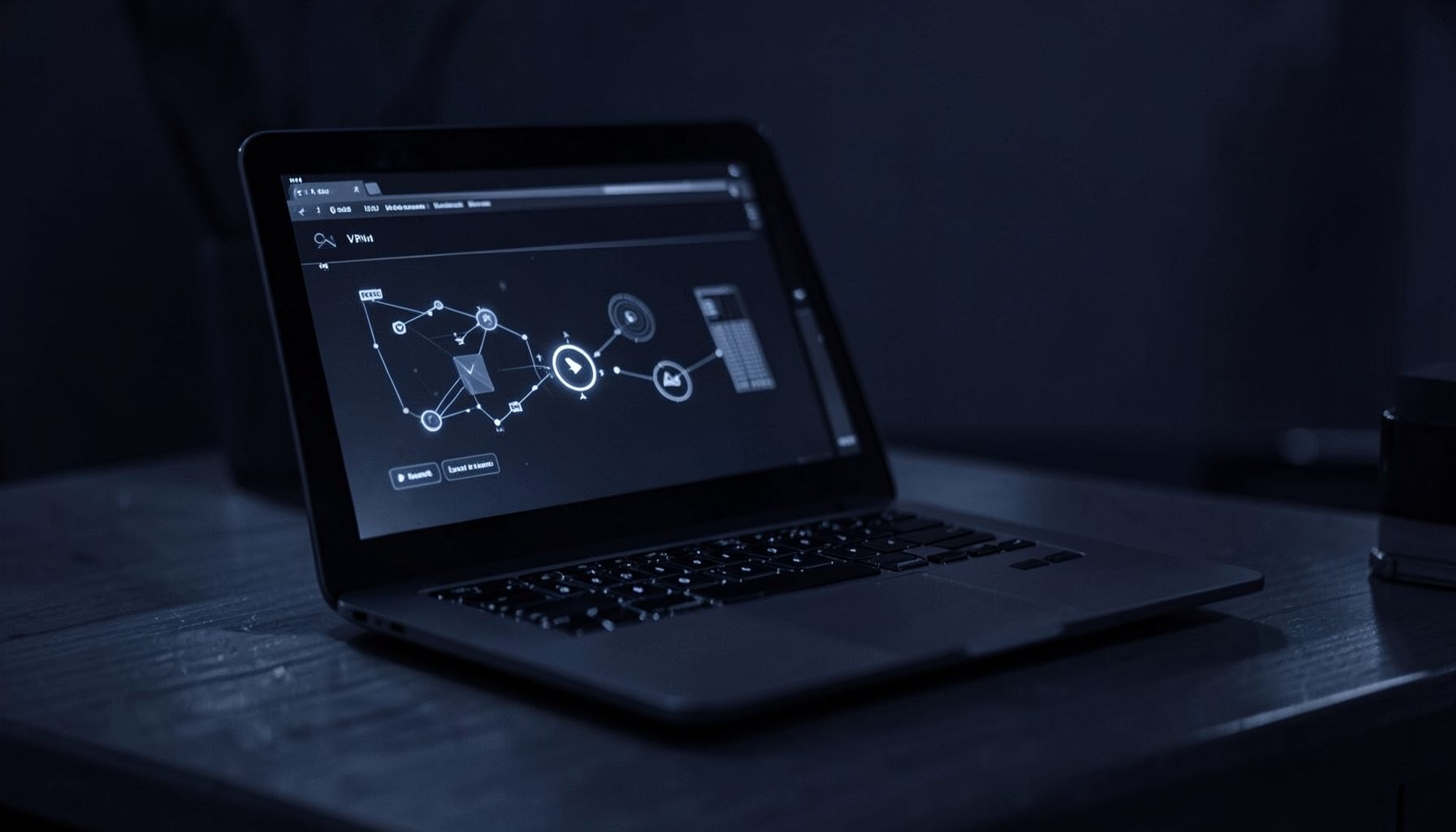 A dark indigo duotone photograph of a laptop on a desk with a glowing screen showing network connection and VPN interface elements, moody and secure atmosphere