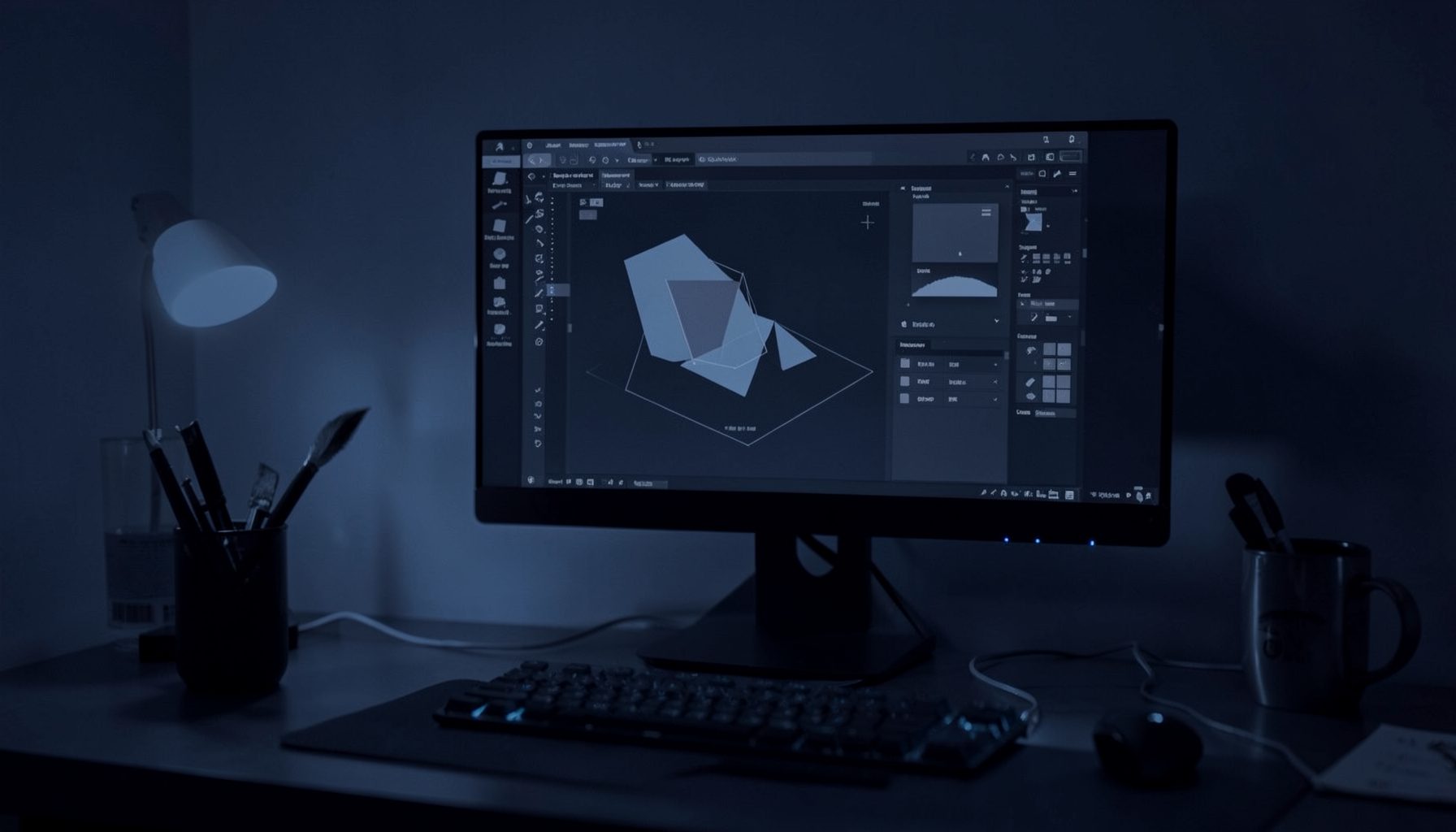 A dark navy and indigo duotone photograph of a designer's desk with a large monitor displaying abstract graphic design software interface, soft ambient glow across the workspace