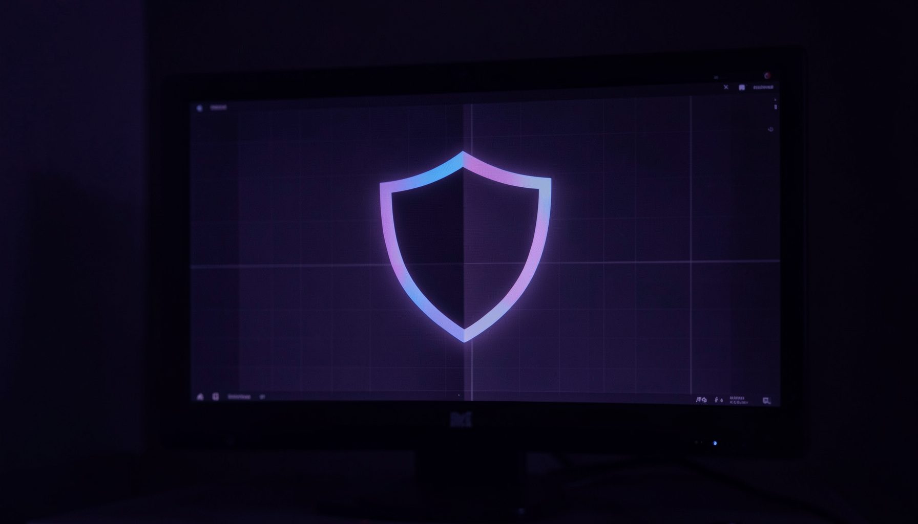 A dark violet and indigo duotone photograph of a digital shield icon glowing on a monitor screen, with subtle grid lines and a moody, secure atmosphere.
