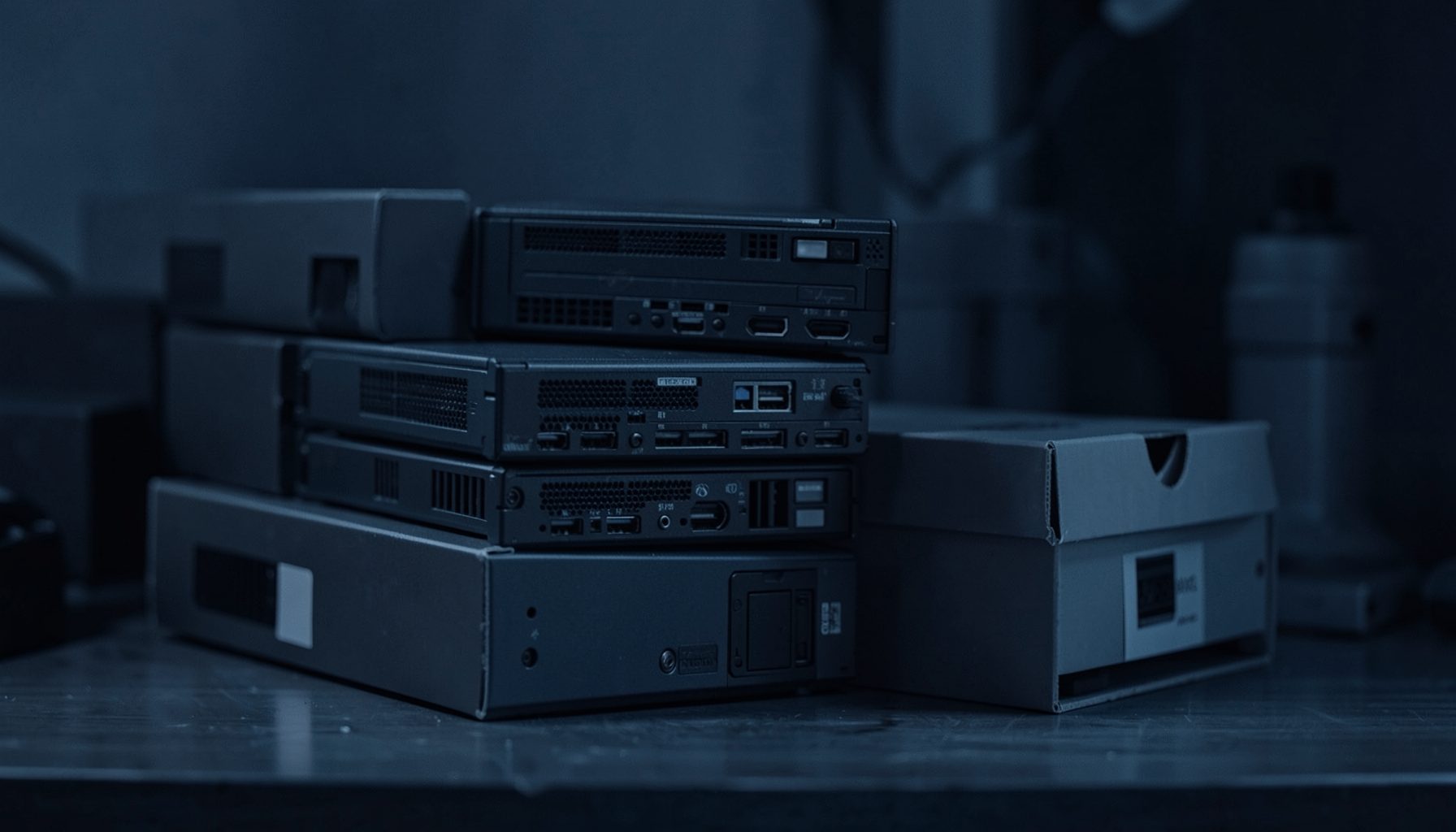 A dark navy and indigo duotone photograph of stacked external hard drives and archive boxes on a desk, with soft shadows and a moody, technical atmosphere.