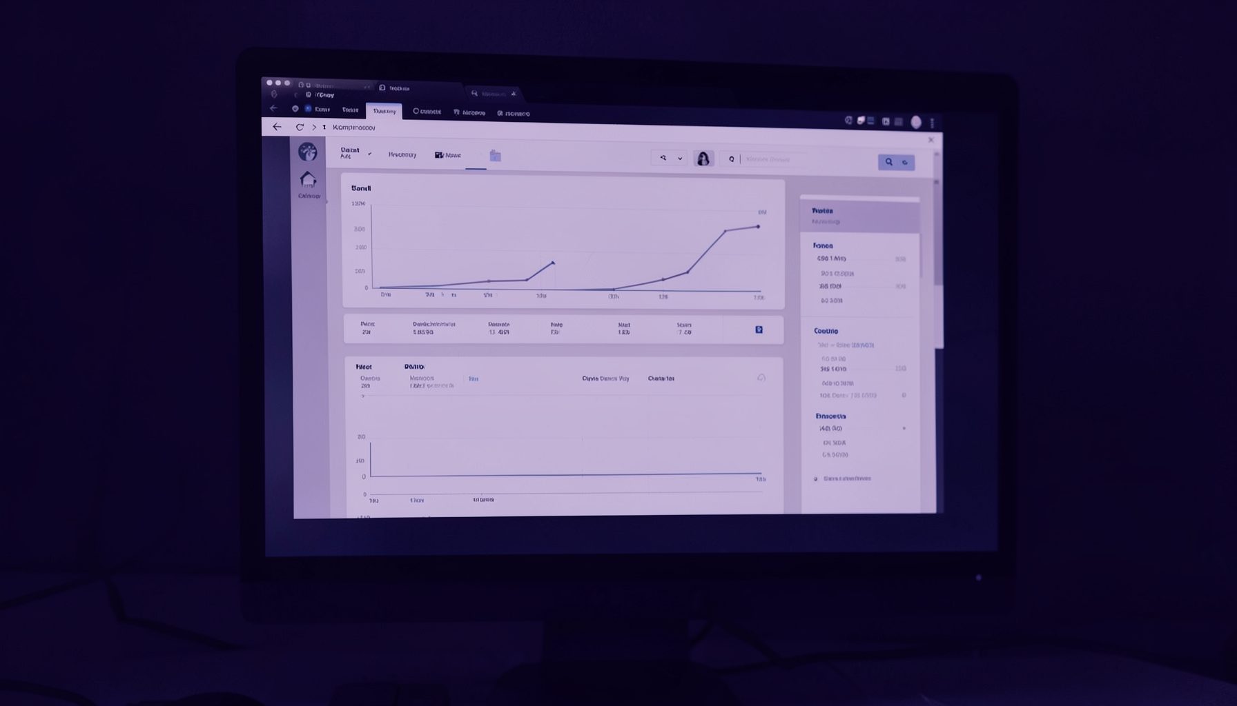 A dark violet duotone photograph of a business software interface with charts, tables, and data panels on a desktop screen.