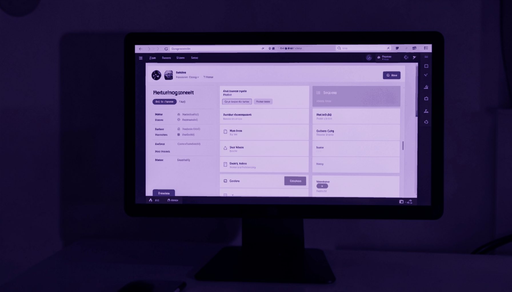 A dark violet duotone photograph of an office productivity dashboard on a monitor, showing document management and editing tools.