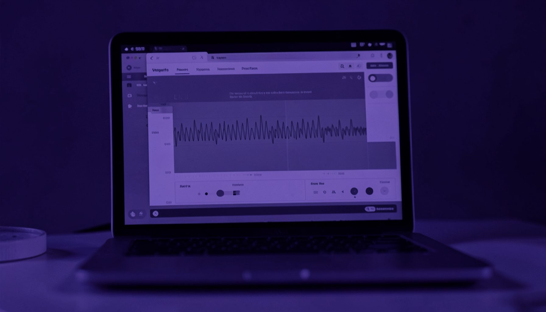 A dark violet duotone photograph of a text-to-speech application interface on a laptop screen, with waveform and control panels visible.